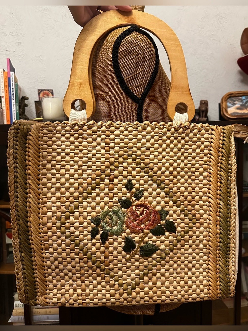 Vintage Woven Natural Fiber Handbag with Floral Embroidery